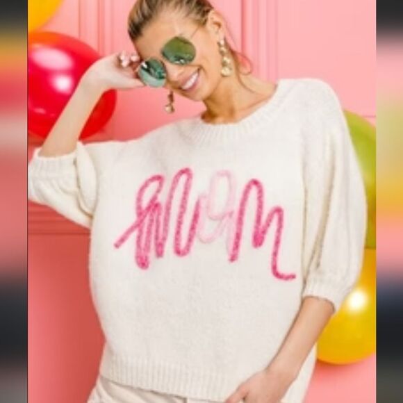 NWT BiBi Ivory Puff Sleeve "Mom" Metallic Sweater - Picture 1 of 6